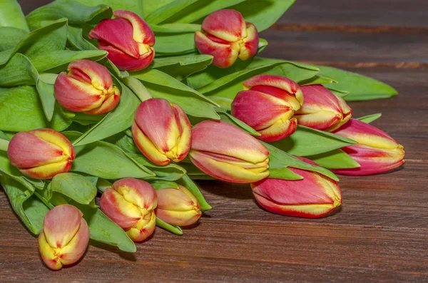 Mothers Day Background Tulips Bouquet Brown Wood Still Life Flat — Stock Photo, Image
