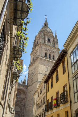 Salamanca, İspanya; Mayıs 2018: Salamanca Kulesi eski Katedrali. Güzel kumtaşı mimarisi. Romanesk tarzı.