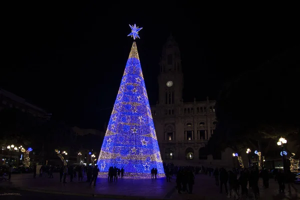 Porto Portugal December 2016 Christmas Tree Lights Glowing Town Square — Stock Photo, Image