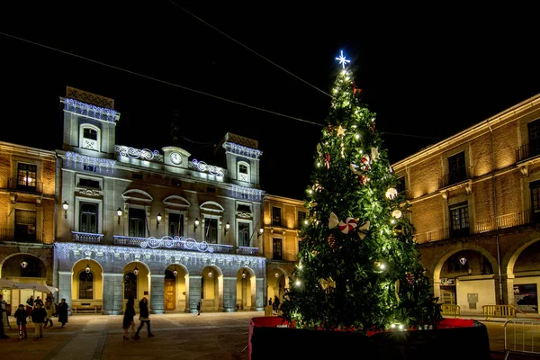 Avila Spain December 2016 Christmas Tree Lights Glowing Town Square — Stock Photo, Image