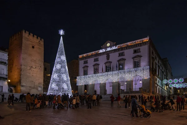 Caceres Extremadura Spain December 2016 Christmas Tree Lights Decorating Plaza — Stock Photo, Image