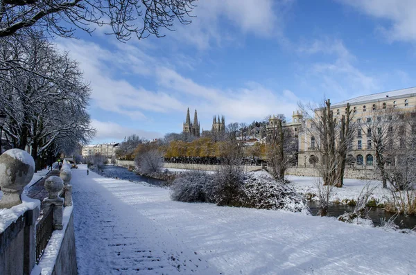 Winters Tafereel Van Een Landschap Gesneeuwde Stadsgezicht Van Het Historische — Stockfoto