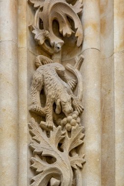 Köpek Salamanca Cathedral cephe taşa oyulmuş, heykel 1992 yılında tadilat sırasında eklendi.