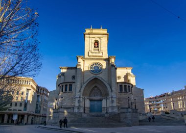 Albacete, İspanya, Şubat 2017: Cephe Albacete şehir içinde Castile La Mancha, San Juan Cathedral