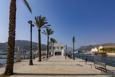 Cartagena, Murcia, İspanya; Şubat 2017: palmiye ağaçları ile iskele ile Cartagena bay City, Murci bölgesinin birçok Yatlar gezi.