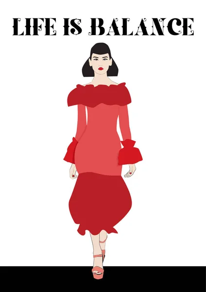 Ilustração Vetorial Uma Figura Feminina Andando Seu Elegante Vestido Vermelho —  Vetores de Stock