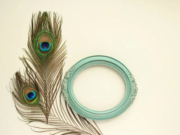 Clothing and home decoration. Beautiful peacock's feathers and elegant vintage frame on white background. Top view horizontally with place for text. — Stock Photo, Image