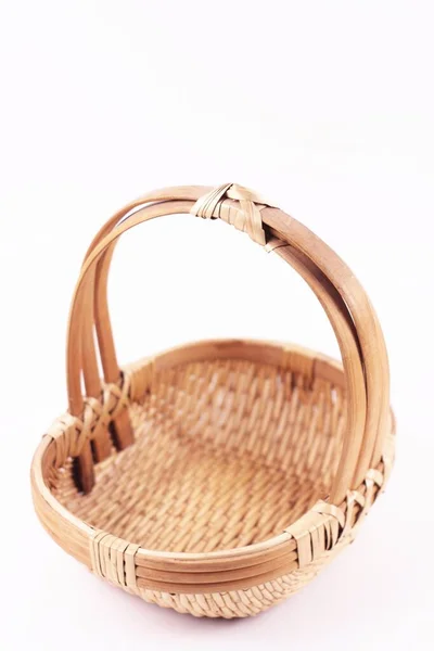 Empty Wicker Basket Isolated White Beautiful Wooden Wicker Basket Flowers — Stock Photo, Image