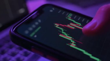 Akıllı telefonu ticaret uygulaması ve şamdan çizelgesiyle kapat. Kripto yatırımcısı mobil cihaz kullanarak kripto para birimini ya da sermaye piyasasını analiz ediyor. Neon ışığı