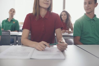 Okul üniforması giyen ve sınıf oturan öğrenciler ve kız öğrenciler genç grup.