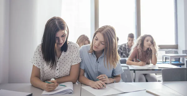 Zwei Hübsche Kaukasische Schulmädchen Lernen Zusammen Klassenzimmer — Stockfoto