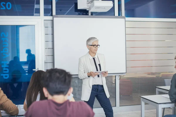 Bastante Meia Idade Mulher Branca Professora Ensinando Uma Lição Ensino — Fotografia de Stock