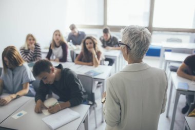 Arkadan görünüşü gri saçlı kadın öğretmen stading sınıf ve lise öğrencileri için konuşuyor.