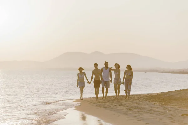 Группа Молодых Мужчин Женщин Идущих Песчаному Пляжу Выглядящих Счастливыми — стоковое фото