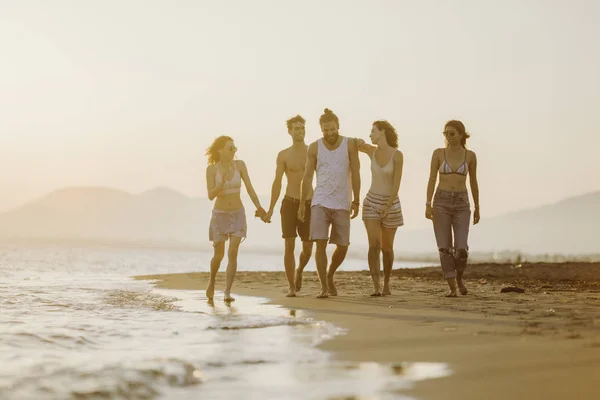 Gruppe Junger Männer Und Frauen Spaziert Sandstrand Und Sieht Glücklich — Stockfoto