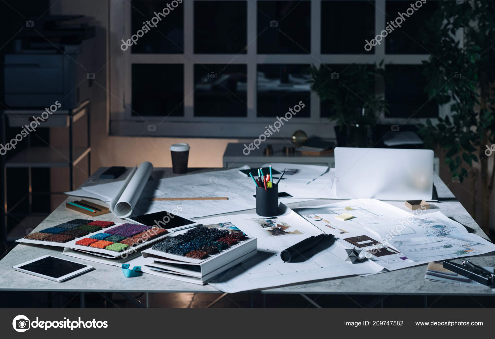 Architect Office Desk Blueprints Tablet Laptop Pencils Pens Papers