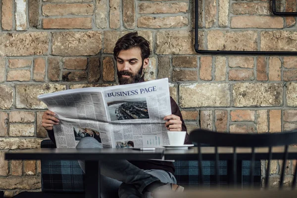 Handsome Young Caucasian Man Reading Newspaper Coffee Shop — Stock Photo, Image