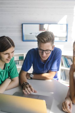 Dizüstü bilgisayarda eğitim lise öğrenci grubu.