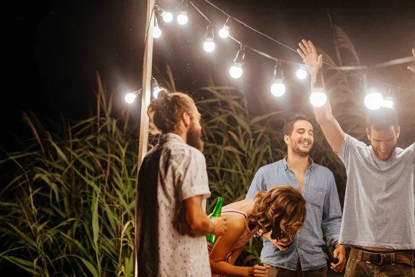Group Young Men Women Laughing Outdoor Summer Party — Stock Photo, Image