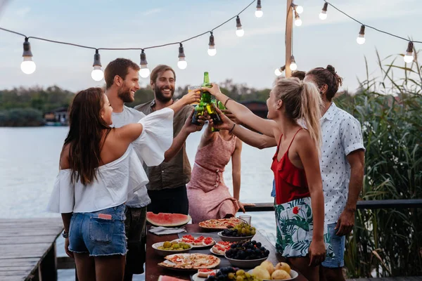 Group Young People Having Outdoor Dinner Party River — Stock Photo, Image