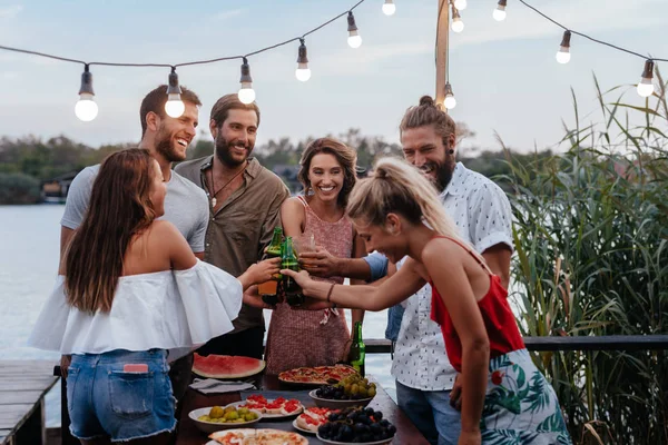 Group Young People Having Outdoor Dinner Party River — Stock Photo, Image