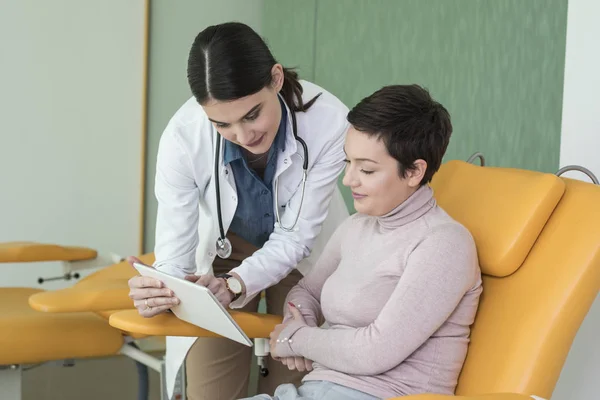 Mulher Médico Seu Paciente Olhando Para Tablet Juntos — Fotografia de Stock