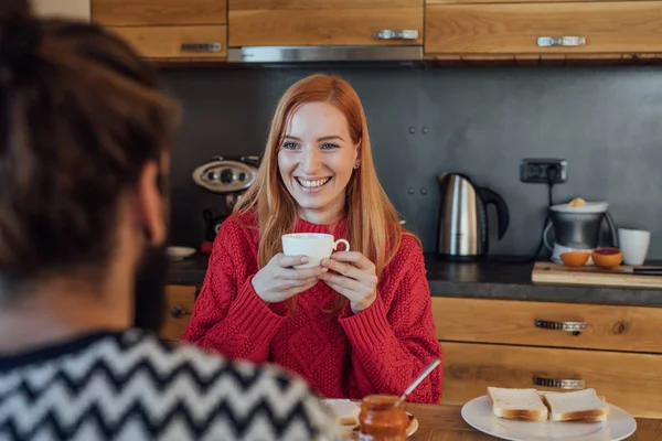 Pretty Smiling Caucasian Woman Enjoying Breakfast Chalet — Stock Photo, Image