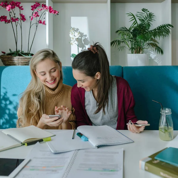 Duas Meninas Bonitas Estudantes Universitários Usando Telefones Inteligentes Enquanto Estudam — Fotografia de Stock