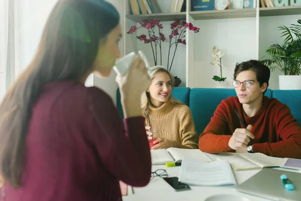 Gruppo Studenti Universitari Che Studiano Insieme Nella Biblioteca Del College — Foto Stock