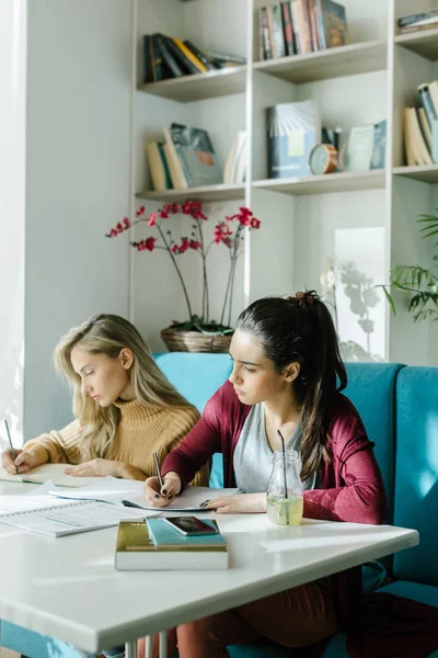 Två Vackra Flickor Universitetsstudenter Studerar Tillsammans Bibliotek — Stockfoto