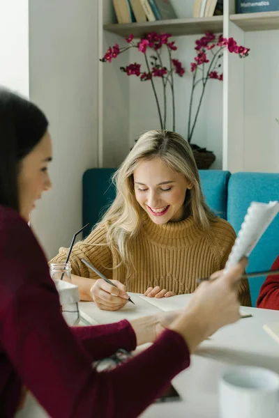 Två Ganska Collegeflickor Studera Tillsammans Och Leende — Stockfoto