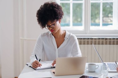 Modern ofis alanı notlar alarak genç Afrika iş kadını portresi.