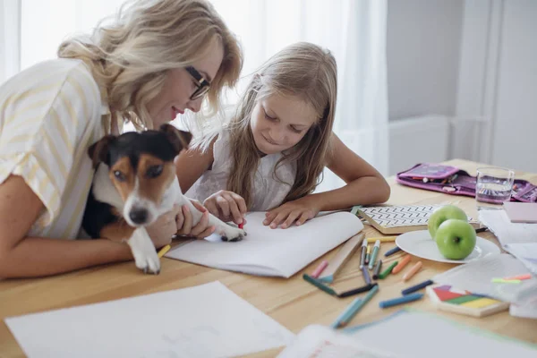 Bastante Sonriente Mujer Caucásica Linda Hija Jugando Con Mascota Perro Imagen De Stock