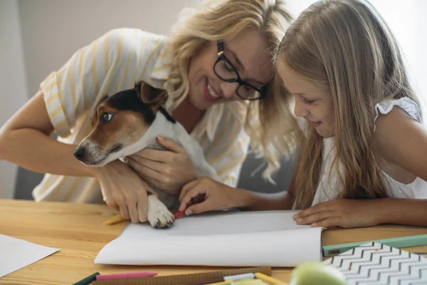 Bastante Sonriente Mujer Caucásica Linda Hija Jugando Con Mascota Perro Imagen De Stock