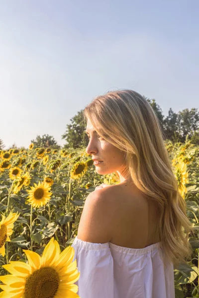 Donna in posa nel campo di girasole — Foto Stock