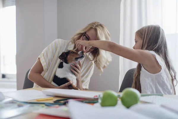 Mãe e criança brincando com seu animal de estimação — Fotografia de Stock