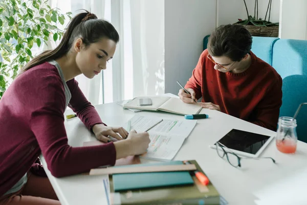 Un chico y una chica estudiando juntos —  Fotos de Stock