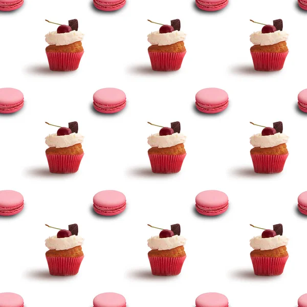 Köstliche Süße Gebäck Nahtlosen Hintergrund Mit Rosa Makronen Und Cupcakes — Stockfoto