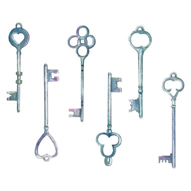 Suluboya resim ile düğün davetiyeleri, tatil kartları, tebrik kartları, posterler, kitaplar, zarf, fotoğraf albümü için vintage romantik anahtar. İllüstrasyon izole arka plan üzerinde