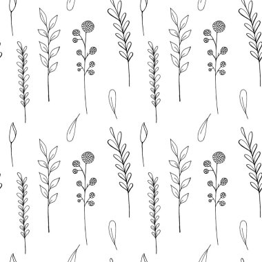 Raster desen mürekkep çizim vahşi bitkiler, otlar ve çiçekler, tek renkli botanik dulavratotu, yapraklar, dallar, daisy, çim, bud, izole çiçeği elle çizilmiş illüstrasyon