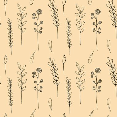 Raster desen mürekkep çizim vahşi bitkiler, otlar ve çiçekler, tek renkli botanik dulavratotu, yapraklar, dallar, daisy, çim, bud, izole çiçeği elle çizilmiş illüstrasyon
