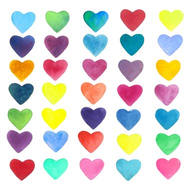 Sevgililer günü için suluboya kalpler boyalı el ayarlayın. Romantik mavi, pembe kalp düğün davetiyeleri, tatil kartları, tebrik kartları, posterler, kitaplar, zarf, fotoğraf albümü için. izole arka plan