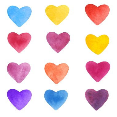 Sevgililer günü için suluboya kalpler boyalı el ayarlayın. Romantik mavi, pembe kalp düğün davetiyeleri, tatil kartları, tebrik kartları, posterler, kitaplar, zarf, fotoğraf albümü için. izole arka plan