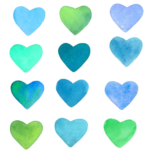 Set Handgeschilderde Aquarel Hart Voor Valentijnsdag Romantische Blauw Roze Hart — Stockfoto