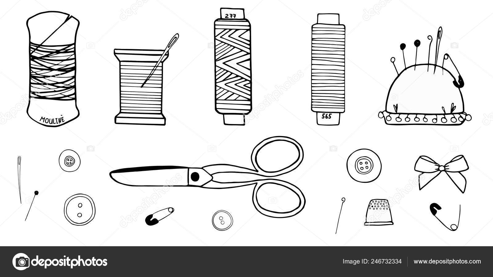 Sewing Tools Vector Set Monochrome Ink Drawing Scissors Sewing Thread