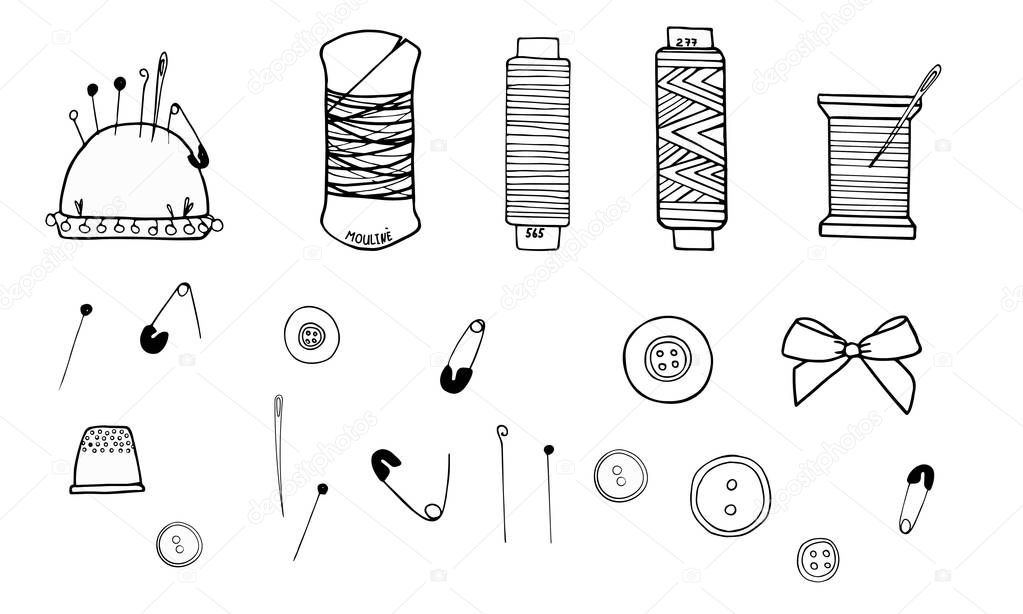 Sewing tools vector set monochrome ink drawing of scissors, sewing thread, embroidery thread, pins and buttons. Suitable for crafts, handmade