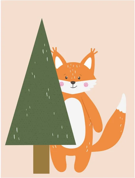 Roztomilý funny fox zvíře s smrk vánoční strom — Stockový vektor
