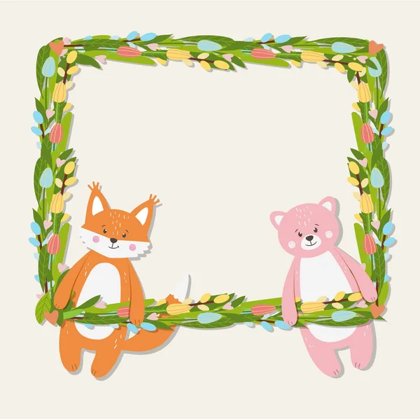 Květinový rámeček s roztomilý funny fox a medvěd — Stockový vektor