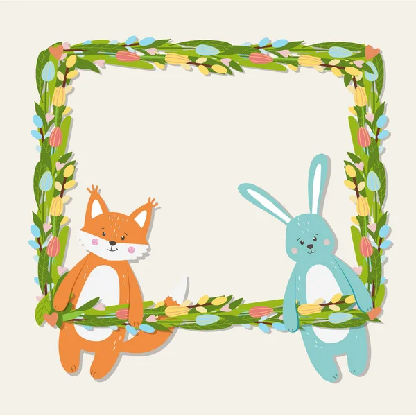 Květinový rámeček s roztomilý funny liška a zajíc — Stockový vektor
