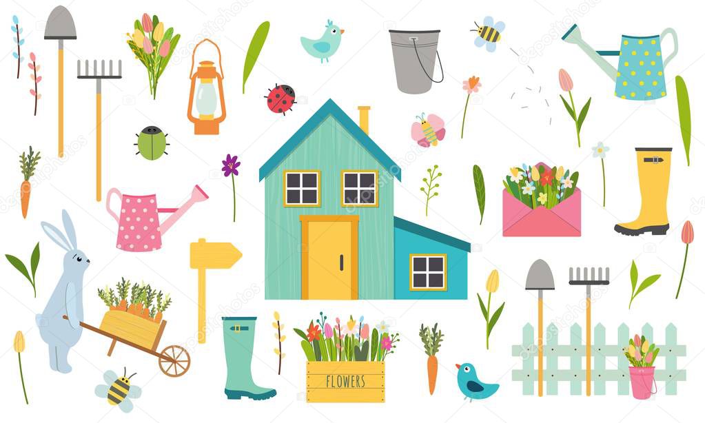 Big vector set of spring and easter holiday elements.